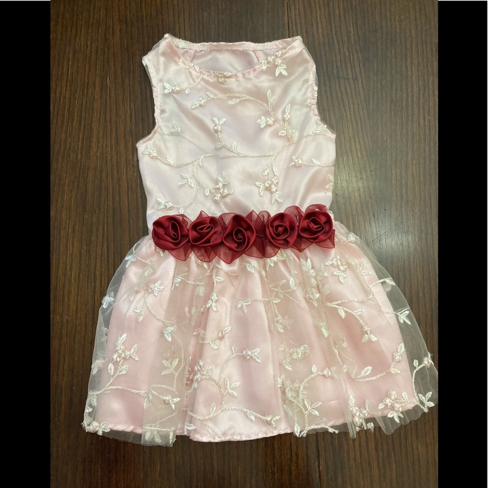 Pink with tulle overlay dog party fancy dress & roses